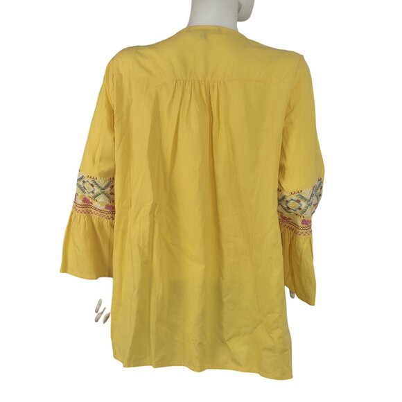 Calessa Women's Blouse Size L Boho  V-Neck Long Sleeve Yellow Embroidered (53) - Picture 4 of 11